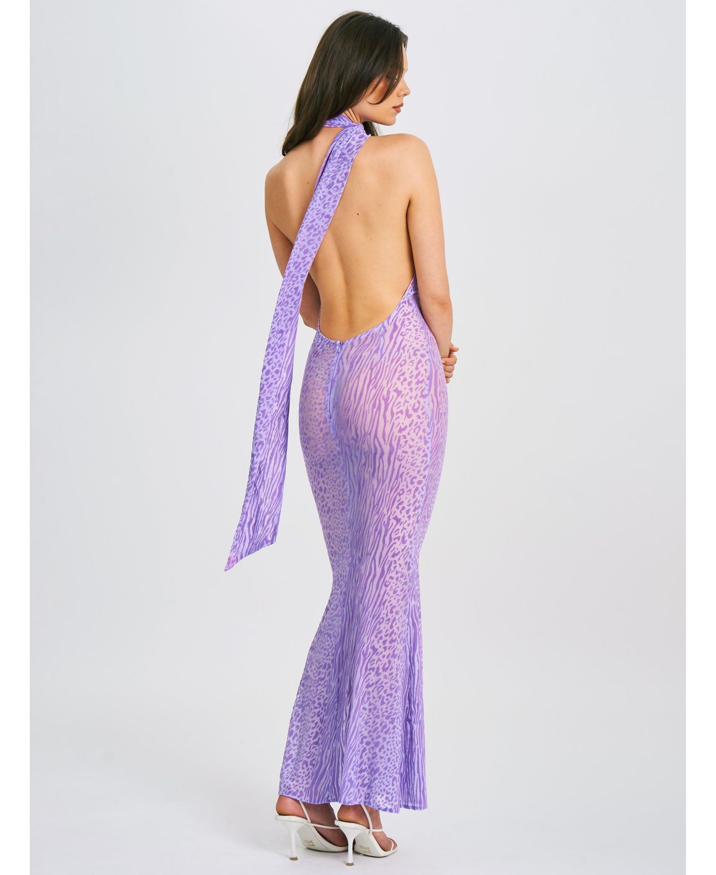 Женское платье Miss Circle Olena Purple Burnout Velvet Animal Print Mesh Halter Neck Maxi, цвет: Фиолетовый — фото 10