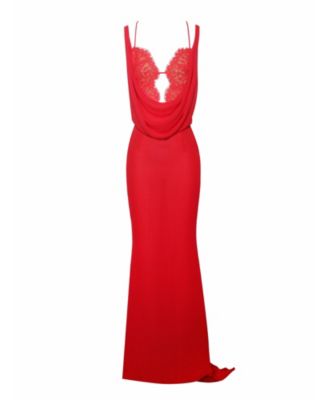 Women's Ulanda Red Chiffon Lace Backless Maxi Train Dress