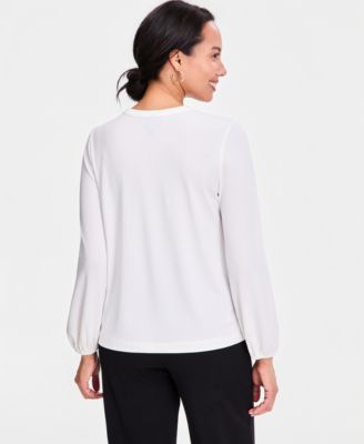Women's Long-Sleeve Crepe Embellished-Neck Top