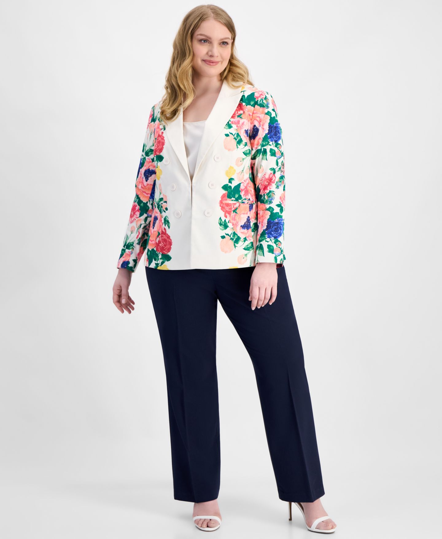 Женский пиджак Tahari ASL Plus Size Printed Faux Double-Breasted Blazer, цвет: Слоновая кость разноцветный — фото 2
