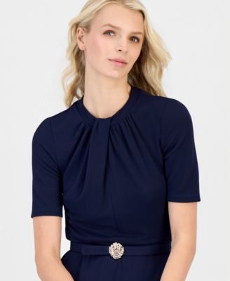 Women's Twist-Neck Flared Midi Dress