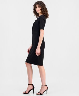 Women's Asymmetric-Neck Elbow-Sleeve Midi Dress