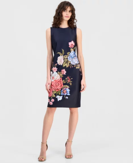 Petite Sleeveless Crewneck Sheath Dress - Deep Navy Multi