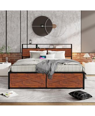 King Bed Frame with Storage Headboard & 12 Drawers, LED Lights, Metal Platform