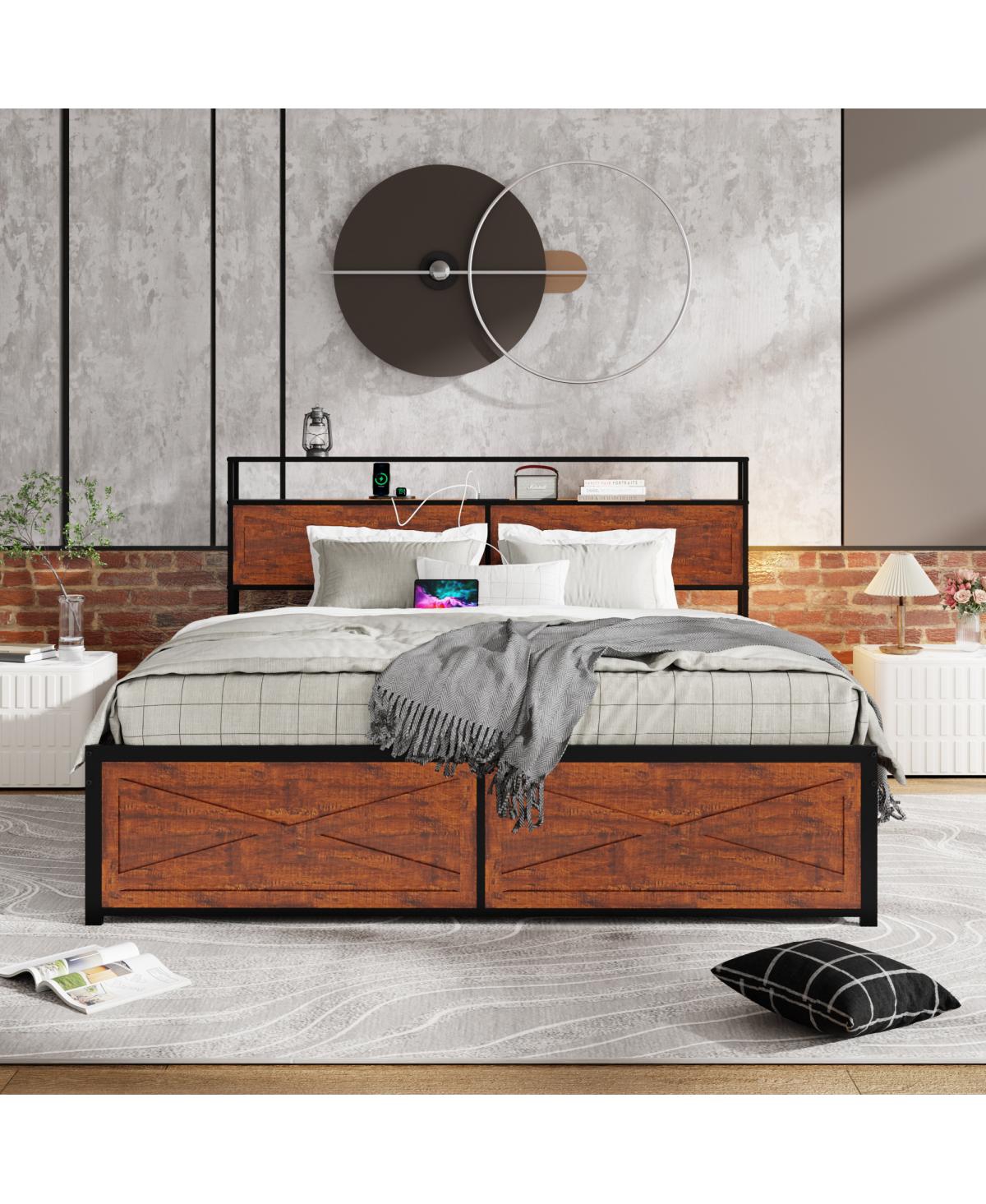 Streamdale Furniture King Bed Frame with Storage Headboard & 12 Drawers, Led Lights, Metal Platform