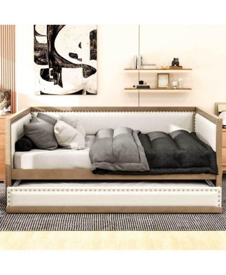  Full Size Upholstered Daybed with Trundle and Nailhead Decoration, Wood Color