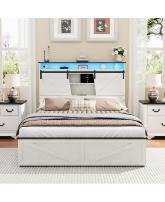  Farmhouse Queen Bed Frame w/Storage Headboard, Drawers, Charging & LED Lights, White
