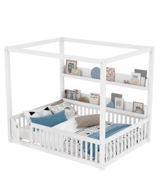  Full Size Canopy Bed with Guardrails & Shelves