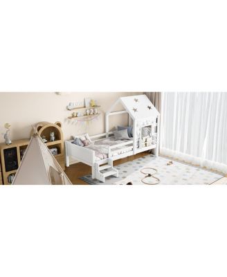 Twin House Bed with Stairs, Bookcase, Blackboard & Roof
