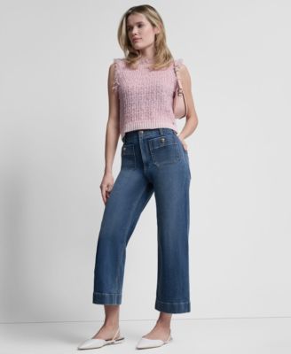 Women's Sleeveless Tweed Fringe Trimmed Sweater