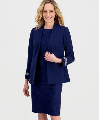 Women's Stretch Crepe Collarless Embellished Bracelet-Sleeve Jacket & Wave Knit Sheath Dress