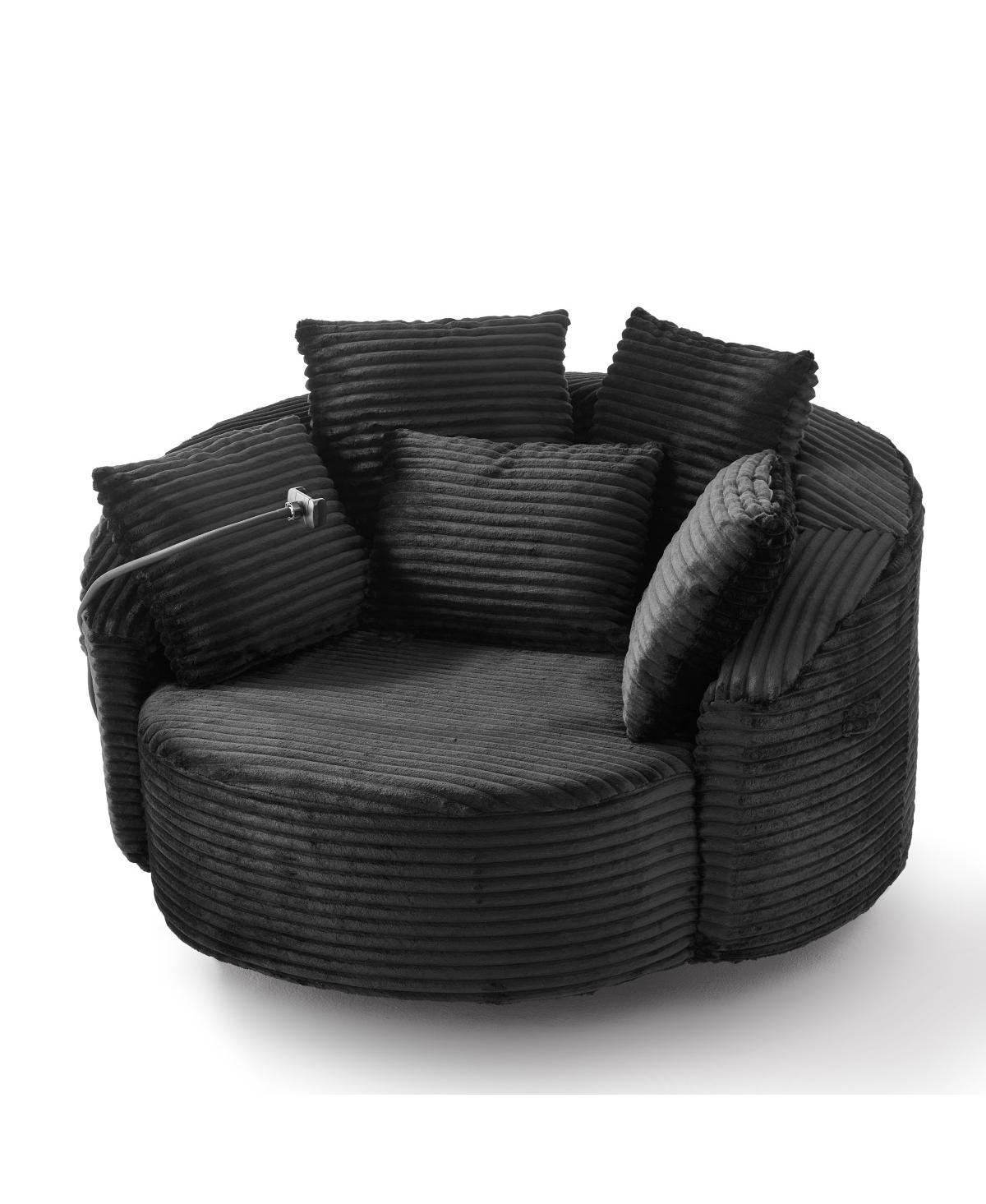 Streamdale Furniture360° Swivel Corduroy Accent Barrel Chair with 5 Pillows & Phone Holder, Black