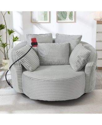Swivel Corduroy Accent Barrel Chair with 5 Pillows & Phone Holder, Black