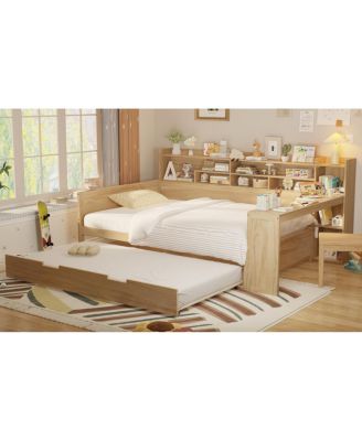 Streamdale Wooden Full Size Daybed with Storage Shelves & Twin Trundle Desk