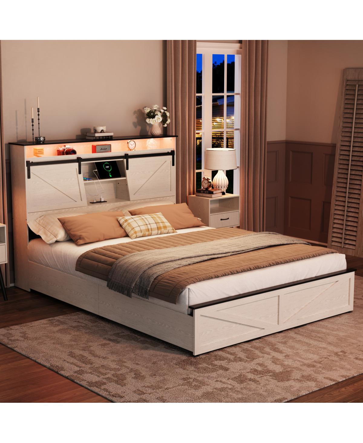 Streamdale Furniture Farmhouse Full Bed Frame w/ Storage Headboard, Drawers, Charging & Led Lights