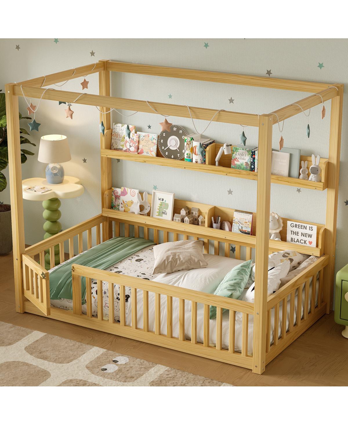 Streamdale Furniture Streamdale Twin Size Solid Wood Montessori Floor Bed Frame with Guardrails & Shelves