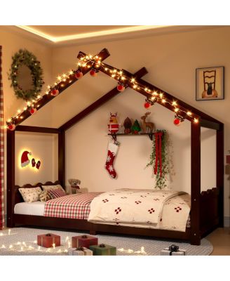 Twin House Floor Bed with Slats, Solid Wood House Bed Frame for Kids