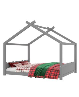 Queen House Floor Bed with Slats, Solid Wood Frame for Kids