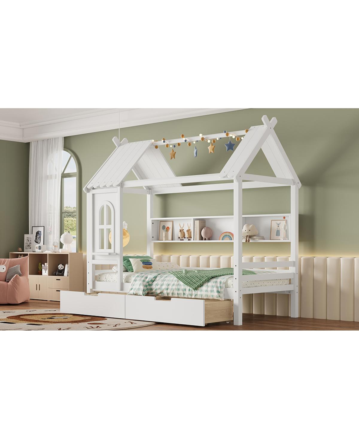 Streamdale Furniture Streamdale Twin House Bed with Storage Drawers and Window, Solid Wood