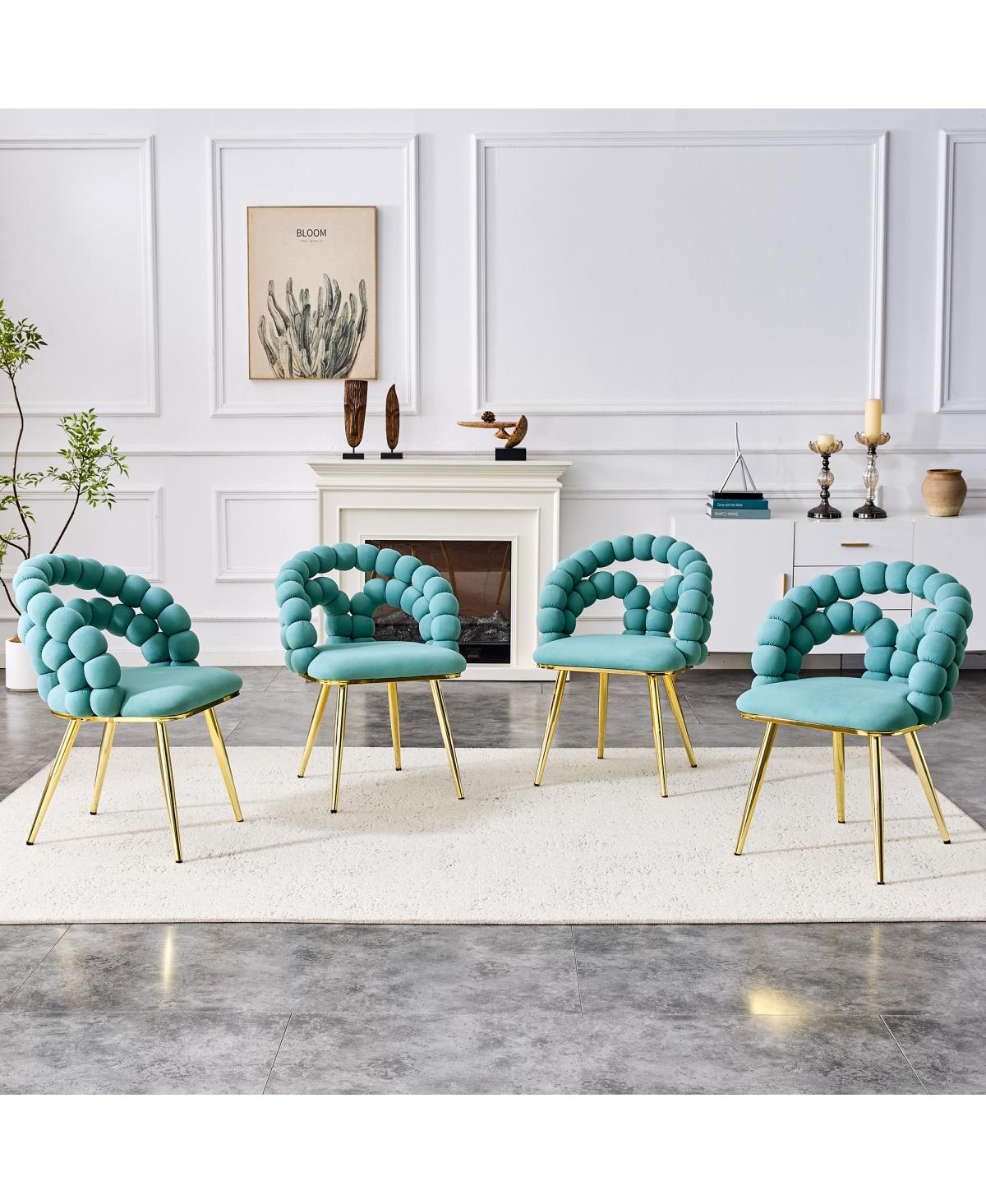 Streamdale Furniture Set of 4 Teal Velvet Puffy Bubble Chairs with Gold Legs