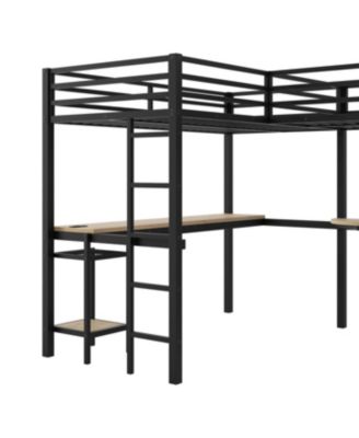 Metal L-Shaped Loft Bed with LED, Storage, 2 Desks & Charging Stations