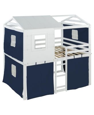Full Size Bunk Wood House Bed with Tent