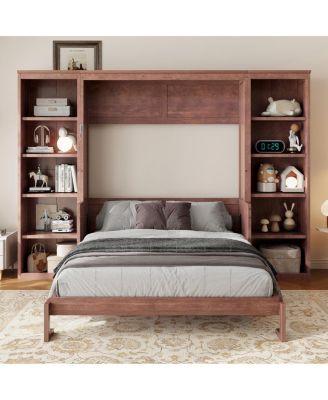 Full Size Murphy Bed with Desk and Bookshelf, Dark Brown