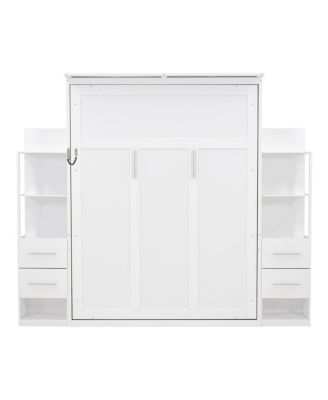 Queen Size Murphy Bed Wall Bed with Shelves, Drawers and LED Lights