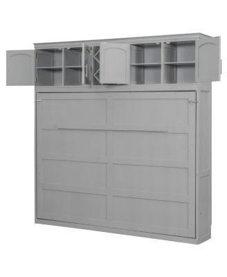 Queen Size Murphy Bed Wall Bed with Top Cabinets & Wine Rack