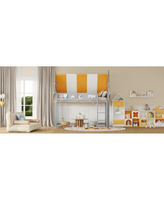 Twin Size Loft Bed with Canopy, LED Lights & Book Shelf