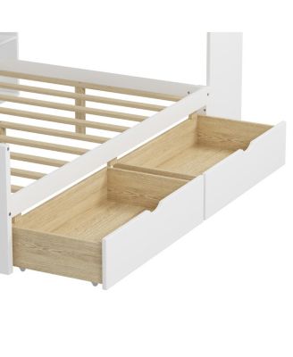  Wooden L-Shape Daybed with 7 Cabinets, 2 Drawers, Desk & Bookshelf, White