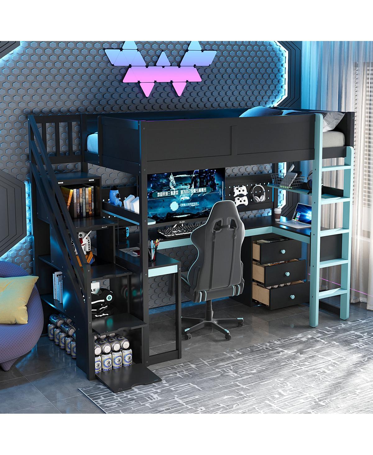 Streamdale Furniture Twin Gaming Loft Bed with Storage Stairs, Desk
