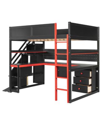 Full Size Wooden Gaming Loft Bed with Storage Stairs, Desk, Shelves & Pegboard