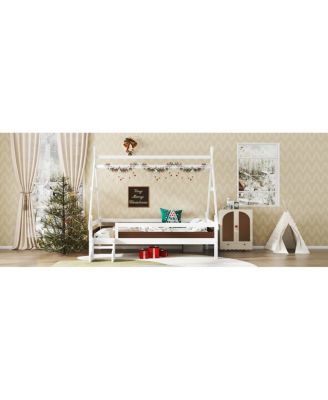  Twin House Platform Bed with Stairs, Solid Wood