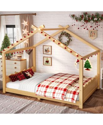 Full House Floor Bed with Support Slats, Solid Wood House Bed Frame for Kids