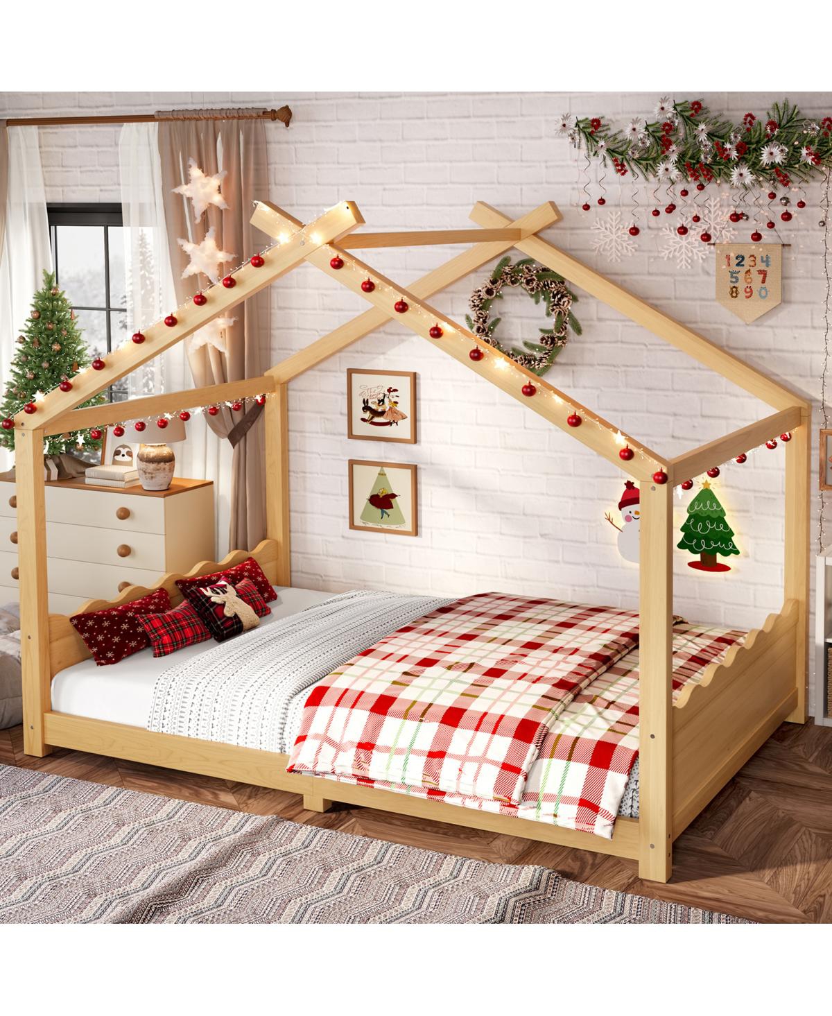 Streamdale Furniture Full House Floor Bed with Support Slats, Solid Wood House Bed Frame for Kids