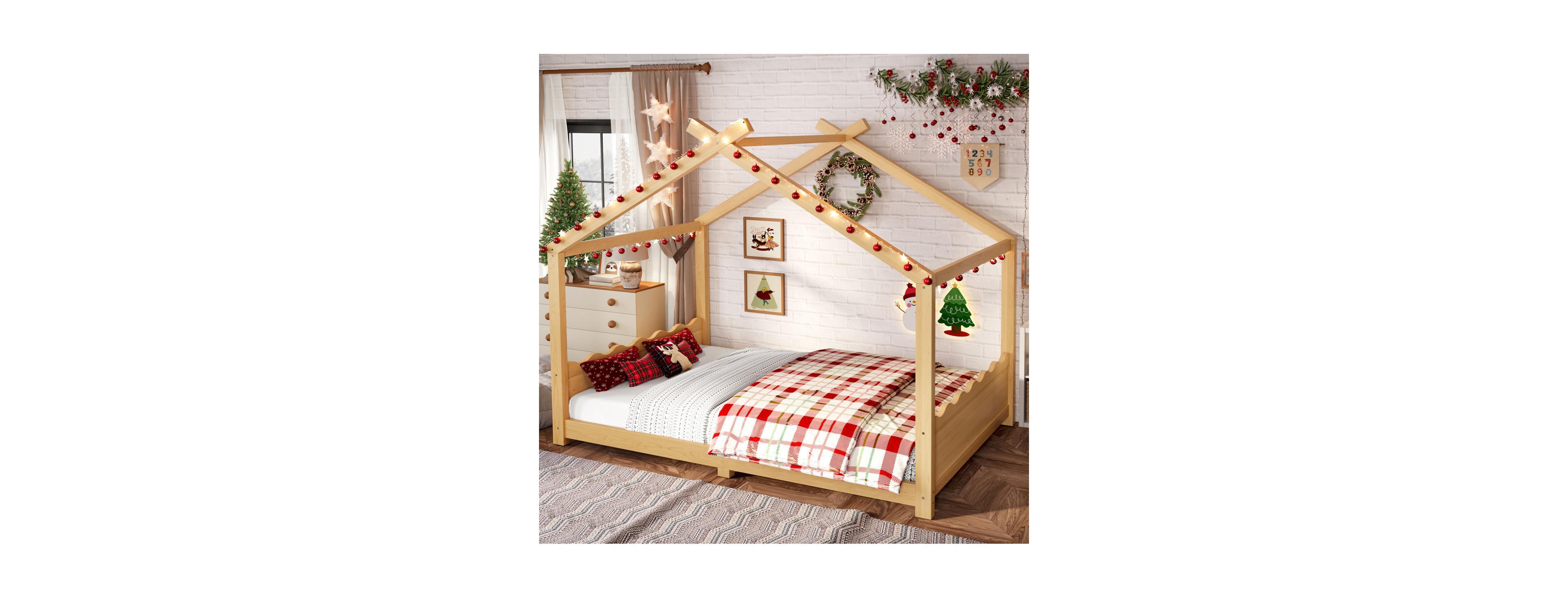 Streamdale Furniture Full House Floor Bed with Support Slats, Solid Wood House Bed Frame for Kids