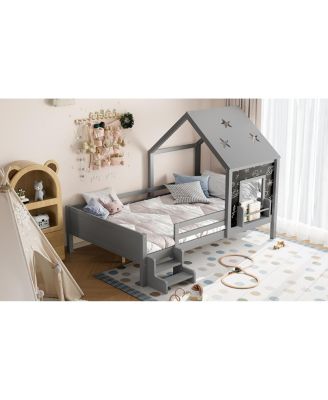 Full House Beds with Low-Profile Stairs, Window, Bookcase, Blackboard, Star Roof, Gray