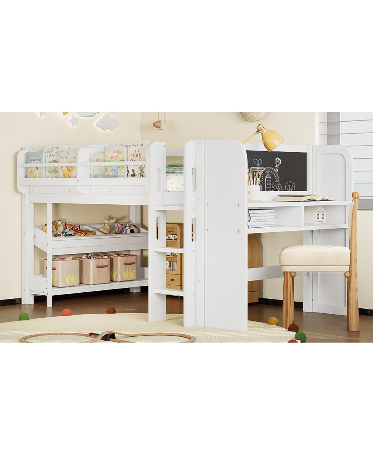 Streamdale Furniture Twin Loft Bed with Storage, Desk & Blackboard, White