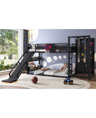 metal loft bed with basketball hoop, rings, climbing wall, slide, bookshelves