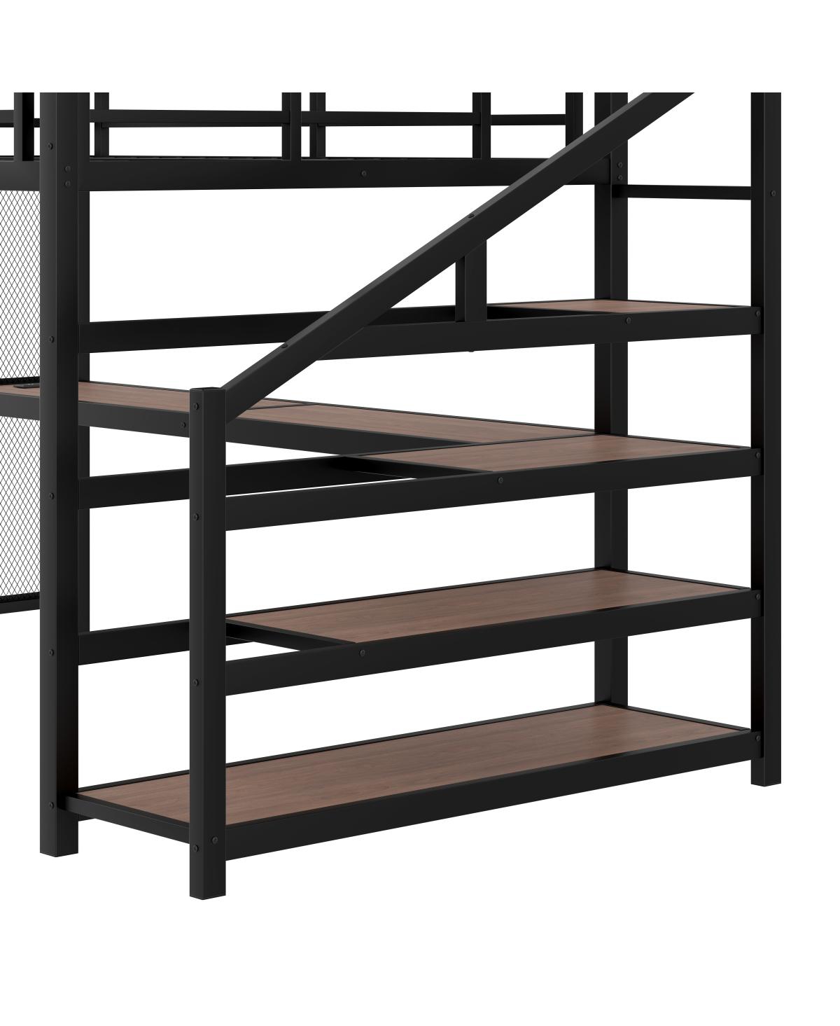 Streamdale Queen Loft Bed with Desk and Storage Stairs, Metal Loft Bed with Led Lights & Usb Ports, Black