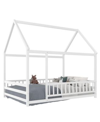  Full Size Floor Wooden Bed with House Roof Frame, Fence Guardrails, White