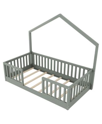  Twin Floor Bed with High Rails, Montessori Wooden Bed with Light, Gray