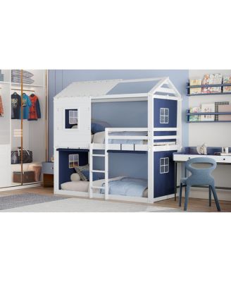 Twin Size Bunk Wood House Bed with Tent