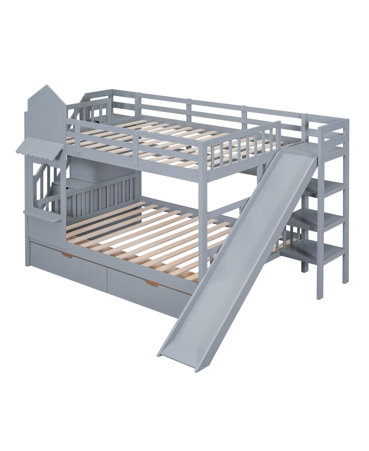 Streamdale Furniture Full-Over-Full Castle Style Bunk Bed with 2 Drawers 3 Shelves and Slide - Gray