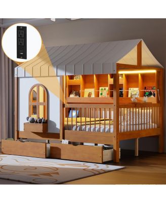 Streamdale Full Size House Bed with 2 Large Drawers, Side Bookshelf with LED Strip, Walnut