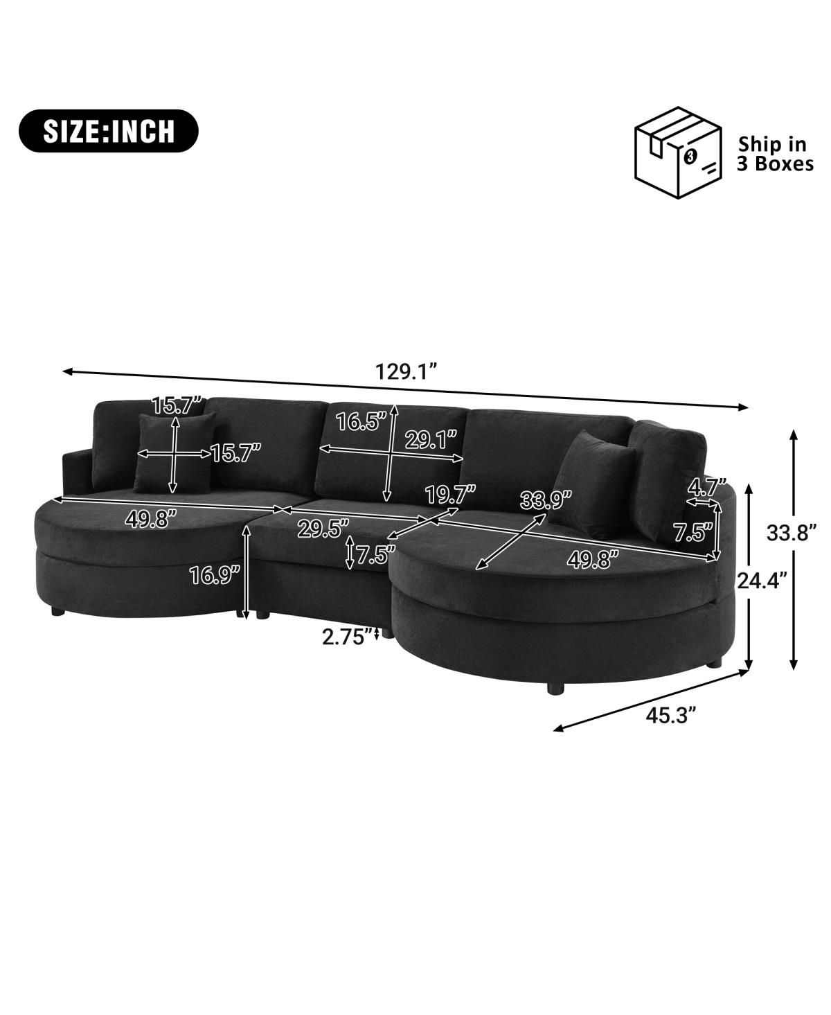Streamdale furniture 3-seater 129" Curved Upholstered Sofa Couch, Dark Gray