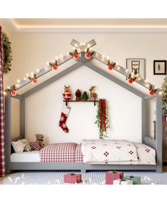 Twin House Floor Bed with Slats, Solid Wood House Bed Frame for Kids, Gray