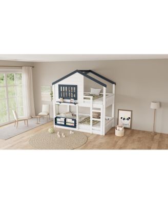 Twin Bunk/Loft Bed with Bookshelf, House Design, Safety Fencing, White & Blue