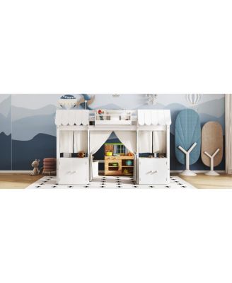  Full Loft Bed with Bookshelf, Curtain, Storage Shelf, Playful Design, White